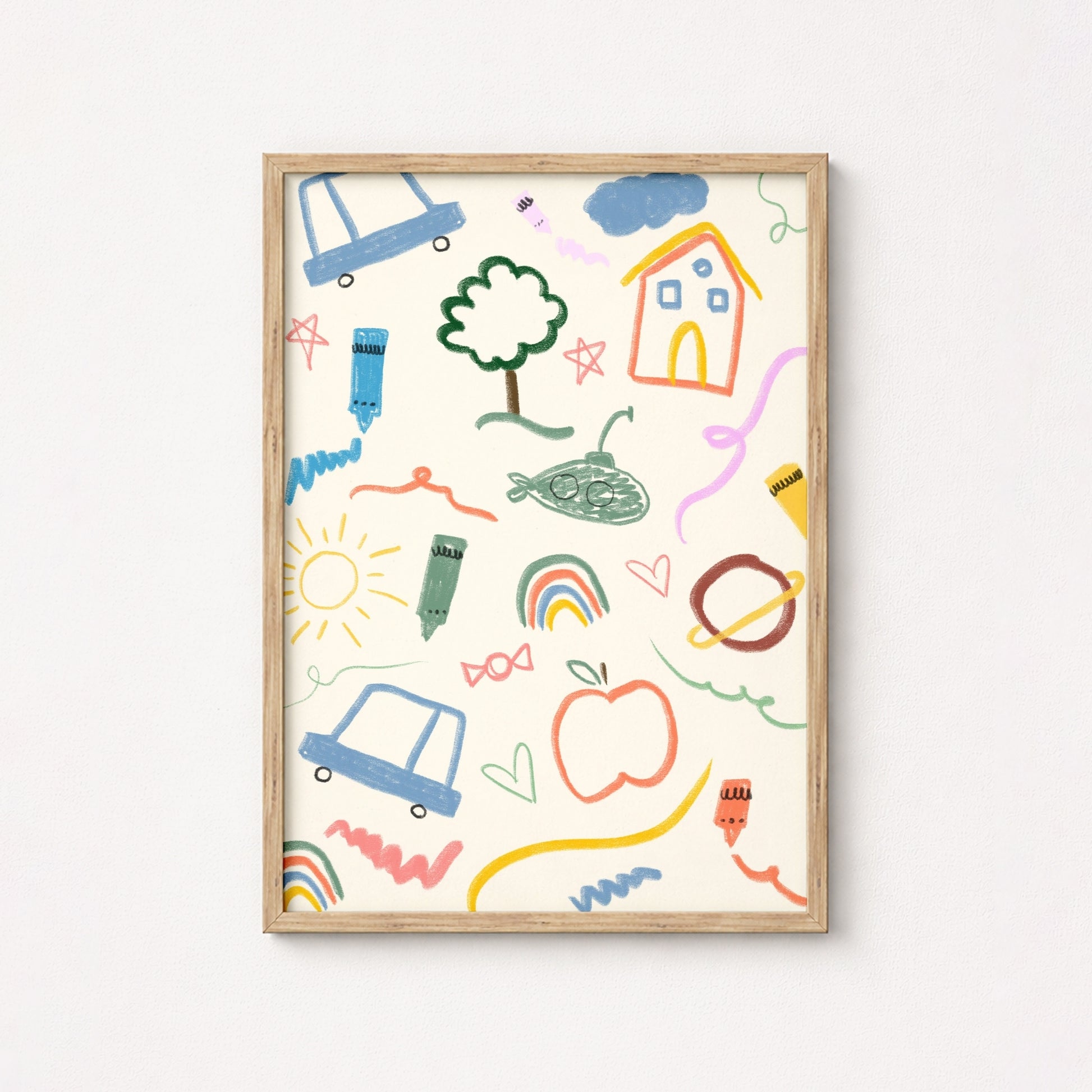 Décoration murale de chambre d'enfant style Doodle – Impression ludique aux crayons pastel pour chambre d'enfant