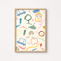 Décoration murale de chambre d'enfant style Doodle – Impression ludique aux crayons pastel pour chambre d'enfant