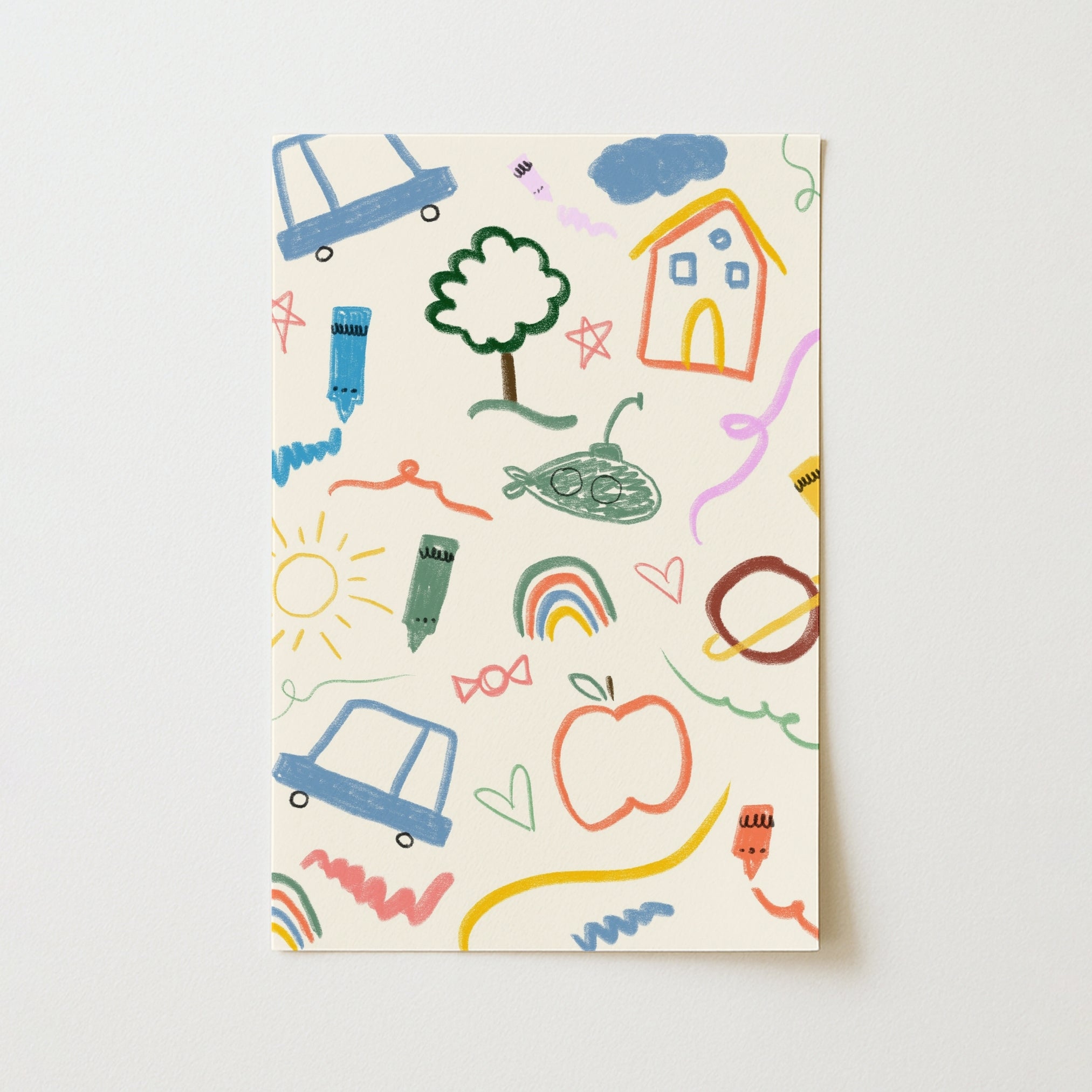 Décoration murale de chambre d'enfant style Doodle – Impression ludique aux crayons pastel pour chambre d'enfant