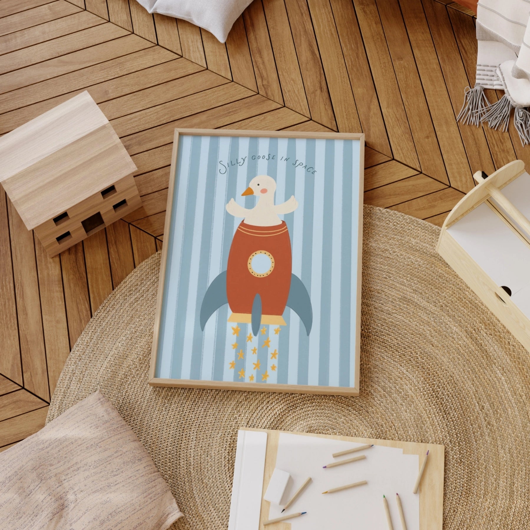 Arte da parete per bambini di Oca buffa nello spazio