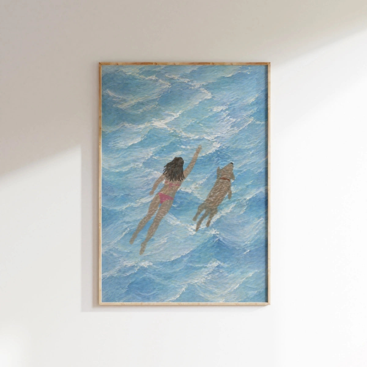 Swimming Girl With Dog Wall Art, Coastal Wall Decor