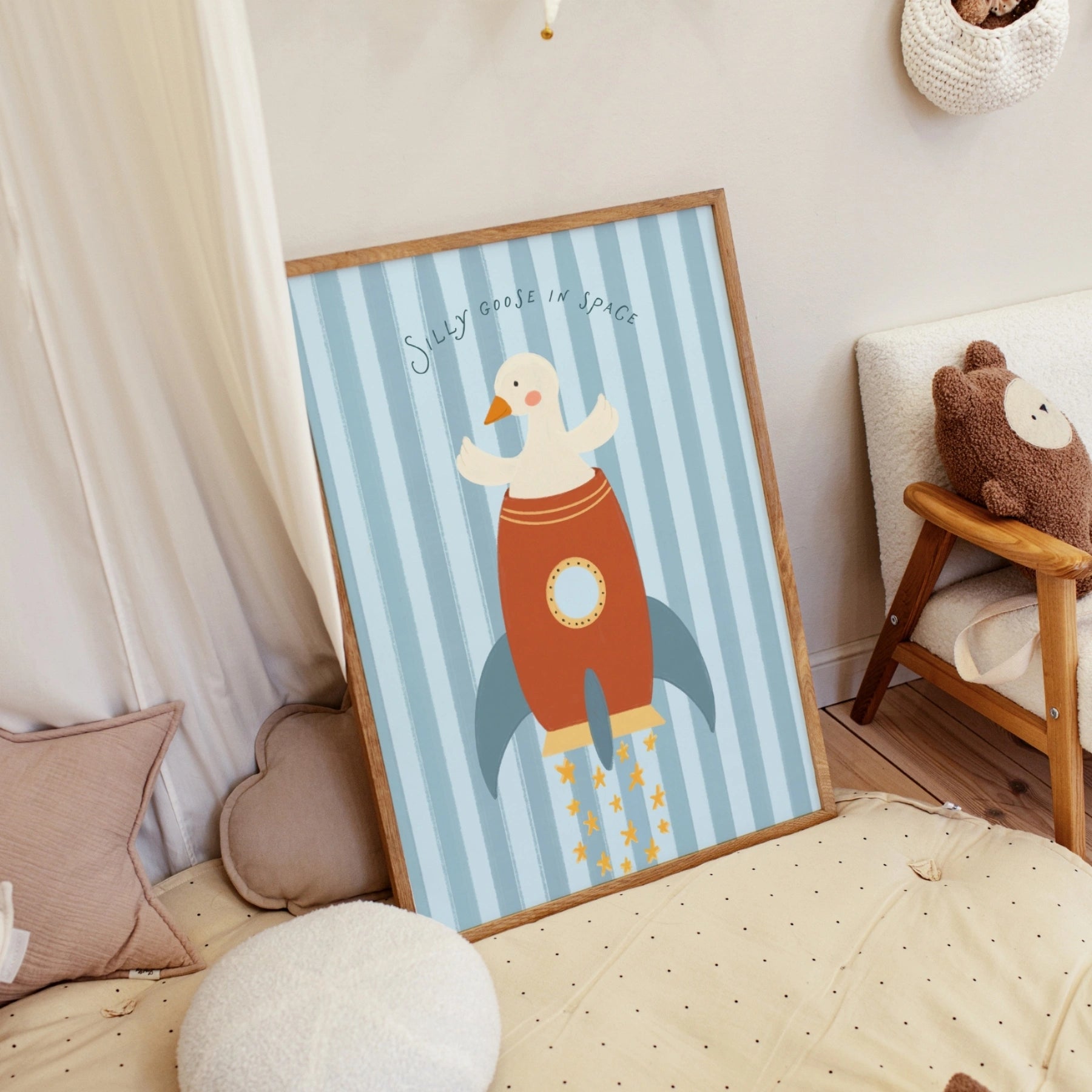 Arte da parete per bambini di Oca buffa nello spazio