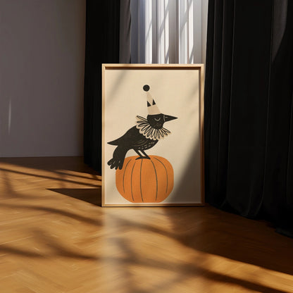 Clown Crow Halloween Print – Funny Raven on Pumpkin Wall Art