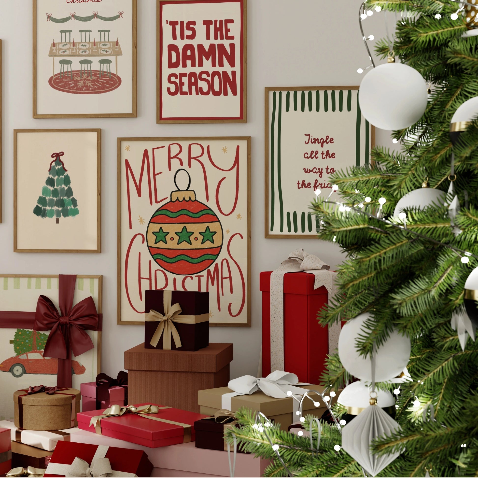 Set di 16 stampe natalizie disegnate a mano