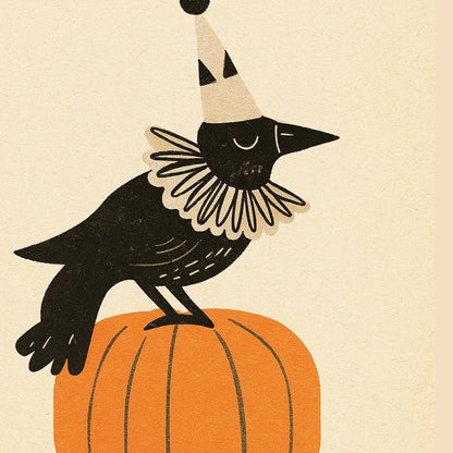 Clown Crow Halloween Print – Funny Raven on Pumpkin Wall Art
