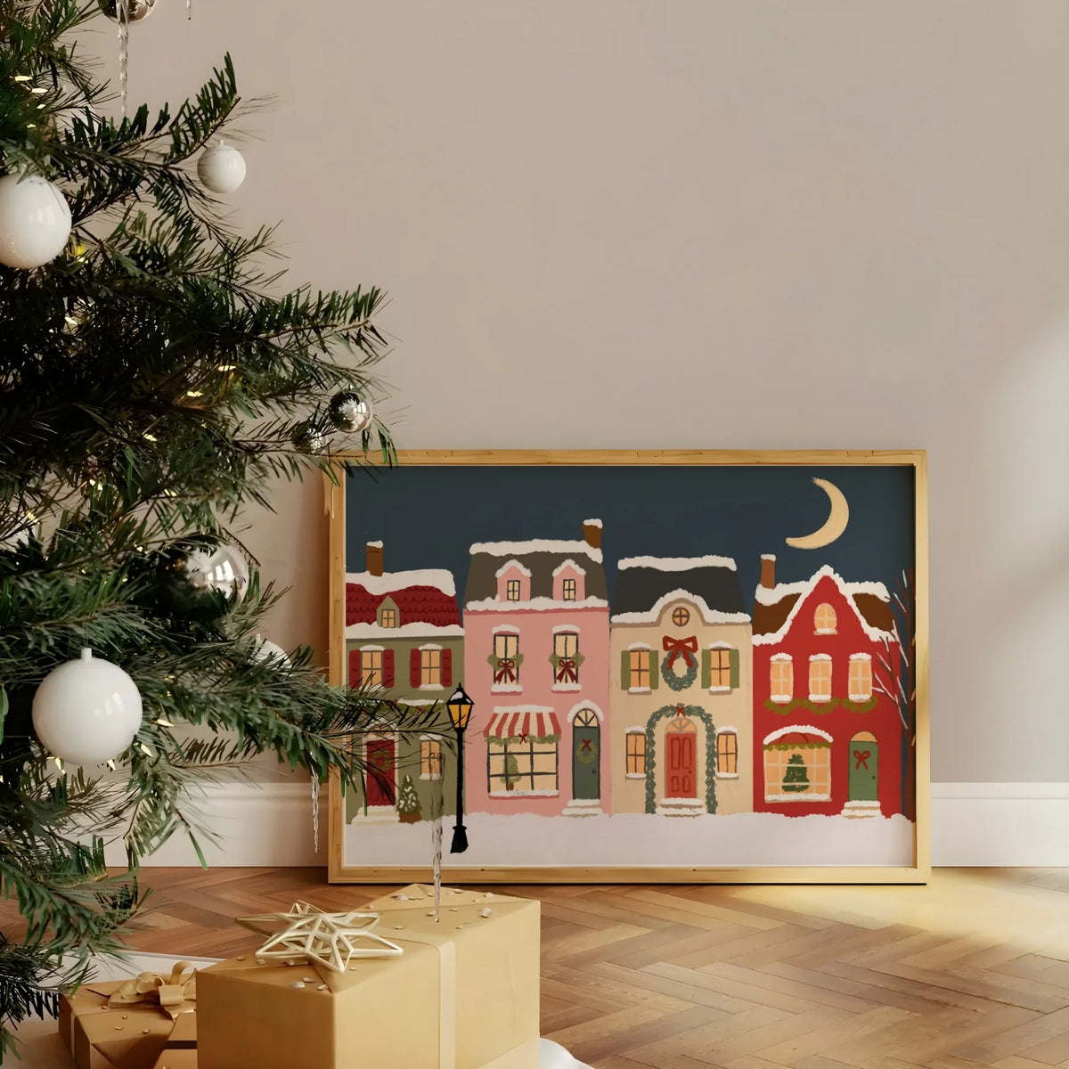 Snowy Christmas Village at Night – Póster de Navidad