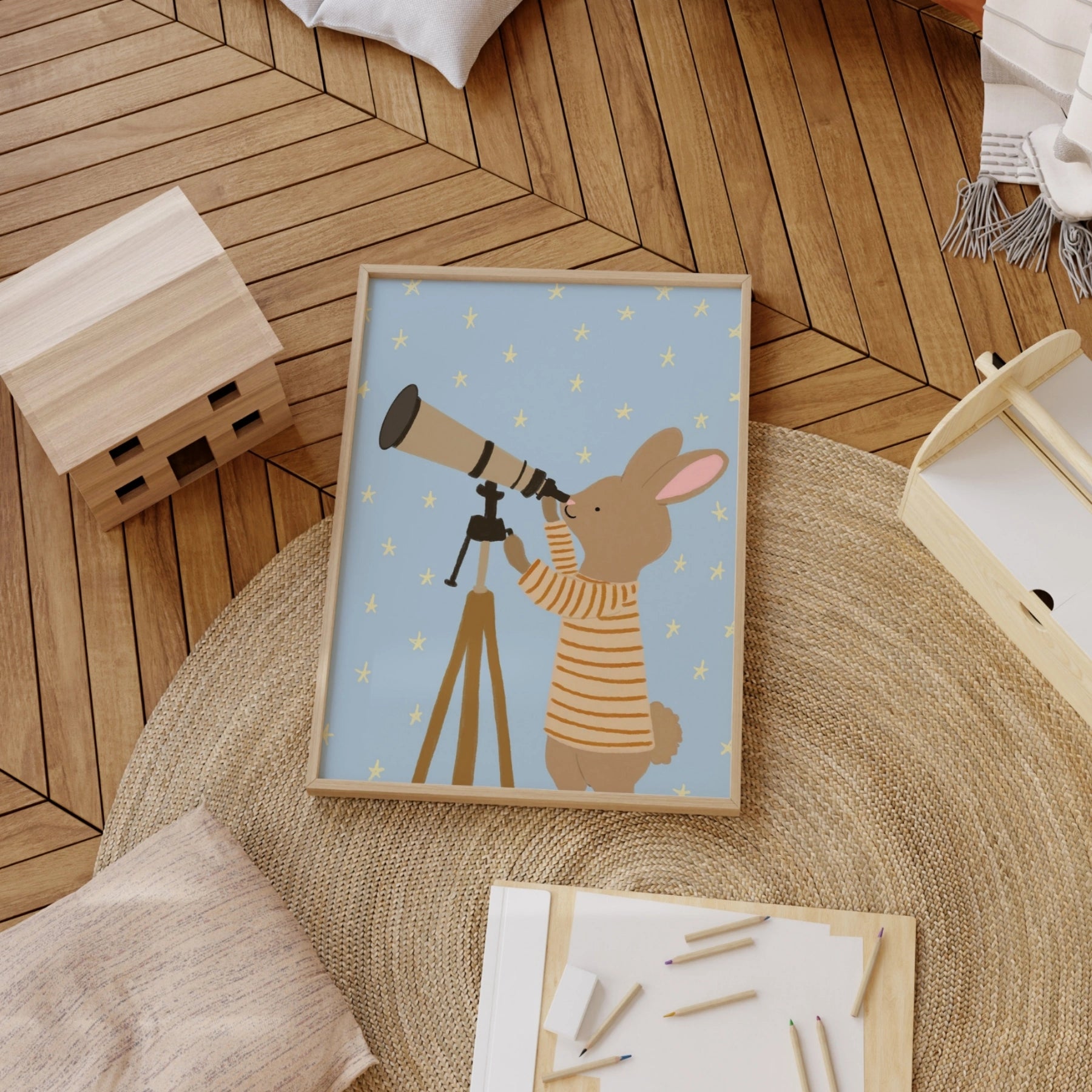 Stampa di coniglietto che osserva le stelle