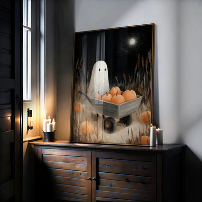 Pumpkin Ghost Halloween Print – Spooky Fall Night Wall Art