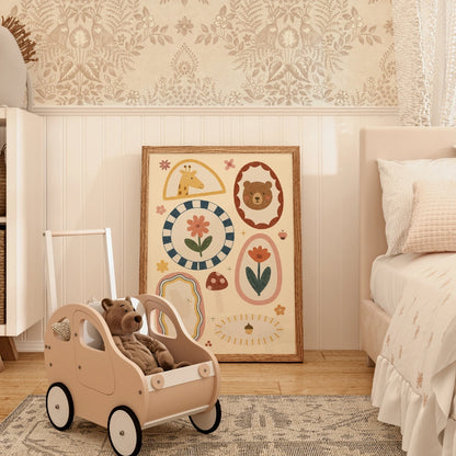 Animal and Floral Nursery Print - Whimsical Bear and Giraffe Wall Art