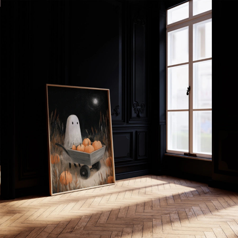 Pumpkin Ghost Halloween Print – Spooky Fall Night Wall Art