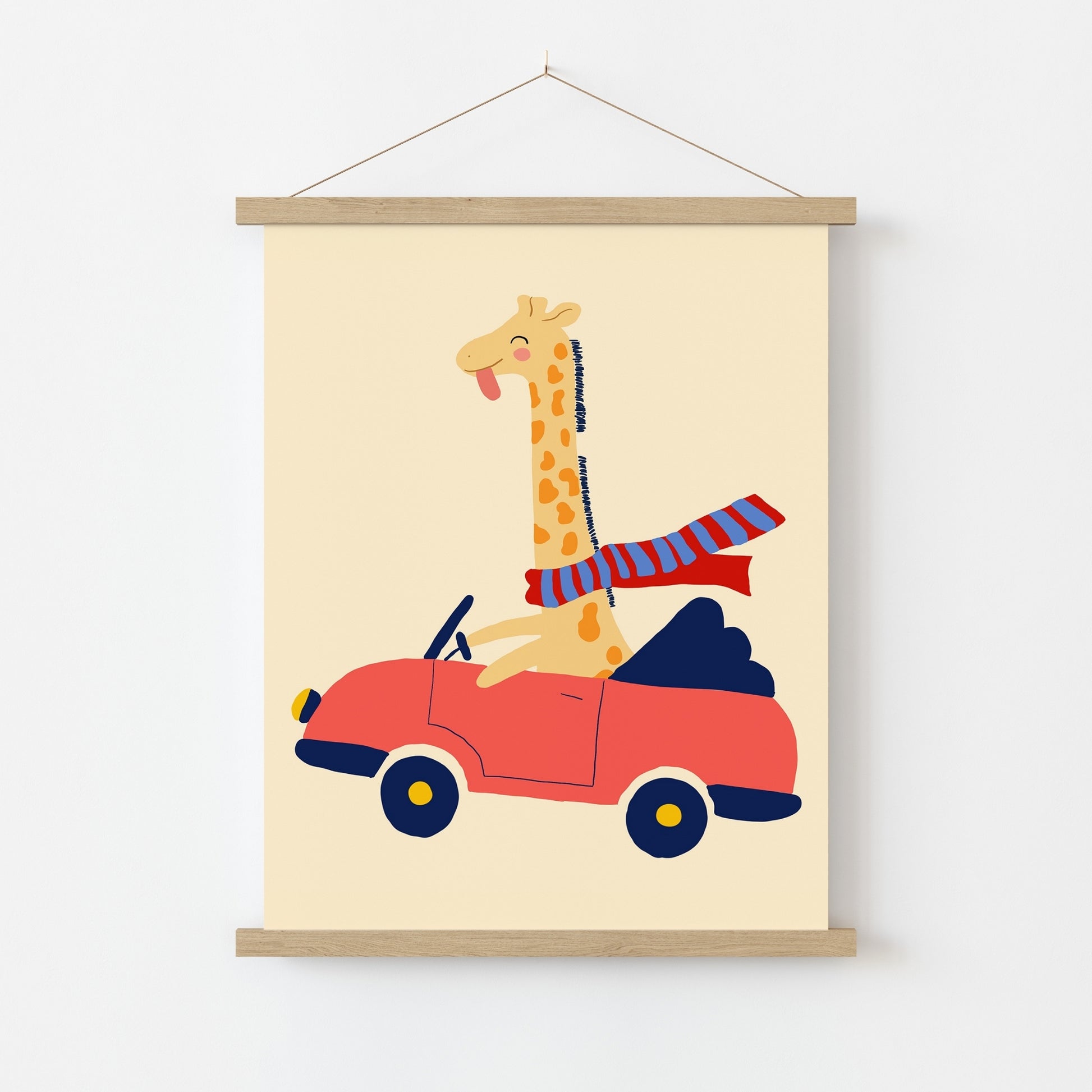 Decorazione murale per cameretta dei bambini con giraffa alla guida: stampa di animali giocosi per la cameretta dei bambini