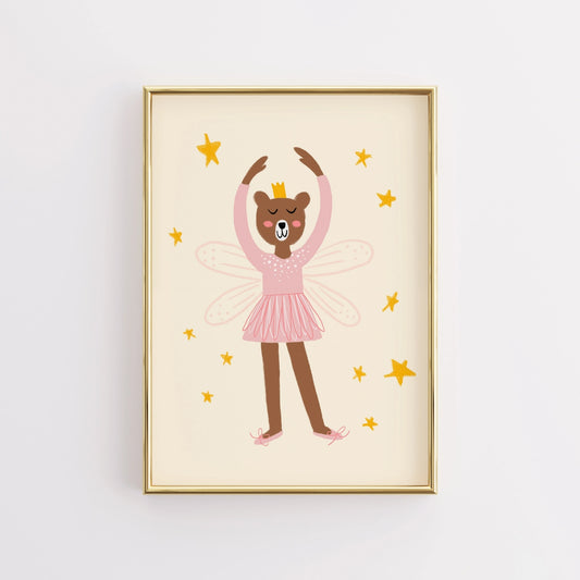 Fairy Bear Ballerina Wall Art - Pink Girl Nursery Print