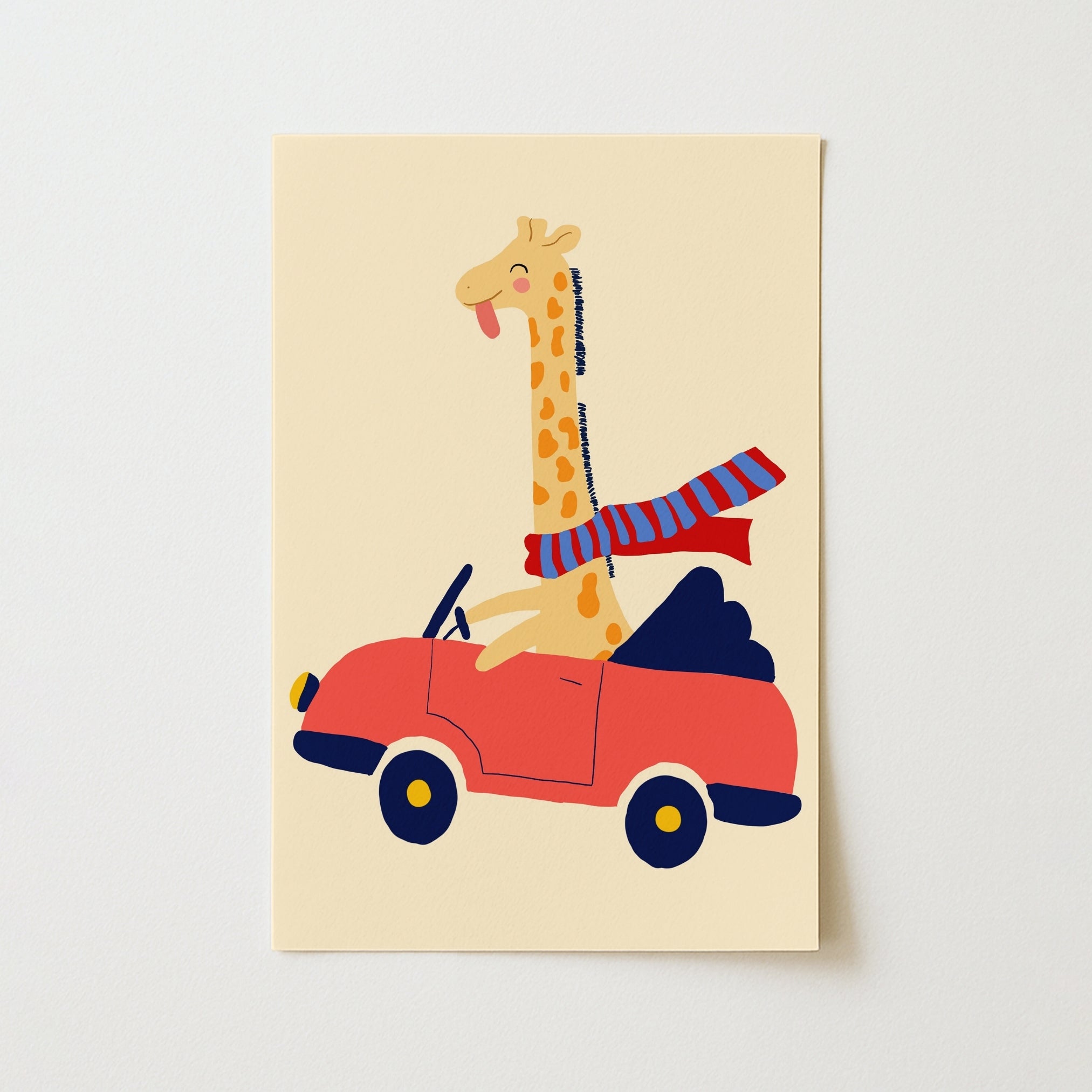 Decorazione murale per cameretta dei bambini con giraffa alla guida: stampa di animali giocosi per la cameretta dei bambini