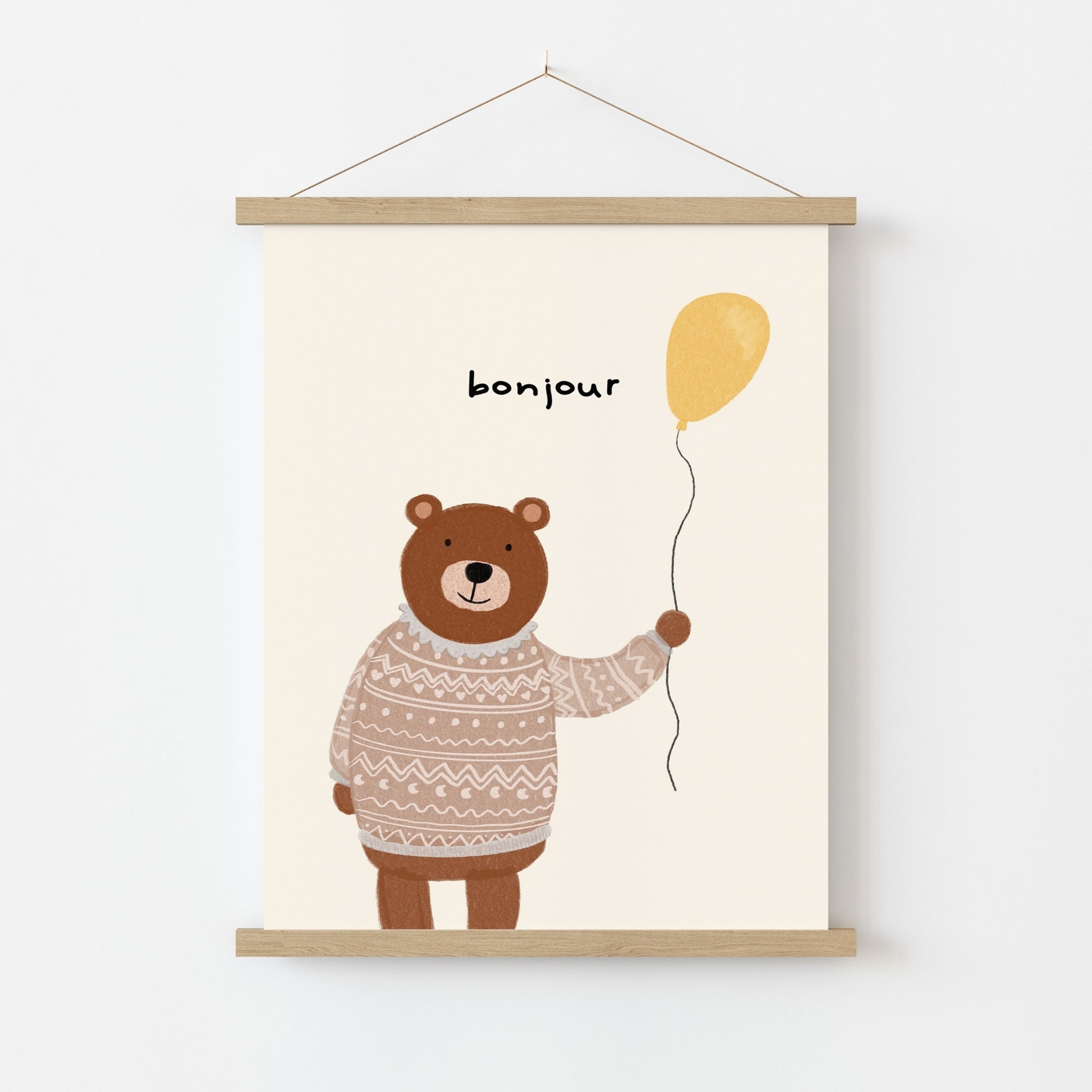 Bonjour Bear Wall Art – Graziosa stampa per la cameretta dei bambini con maglione e palloncino