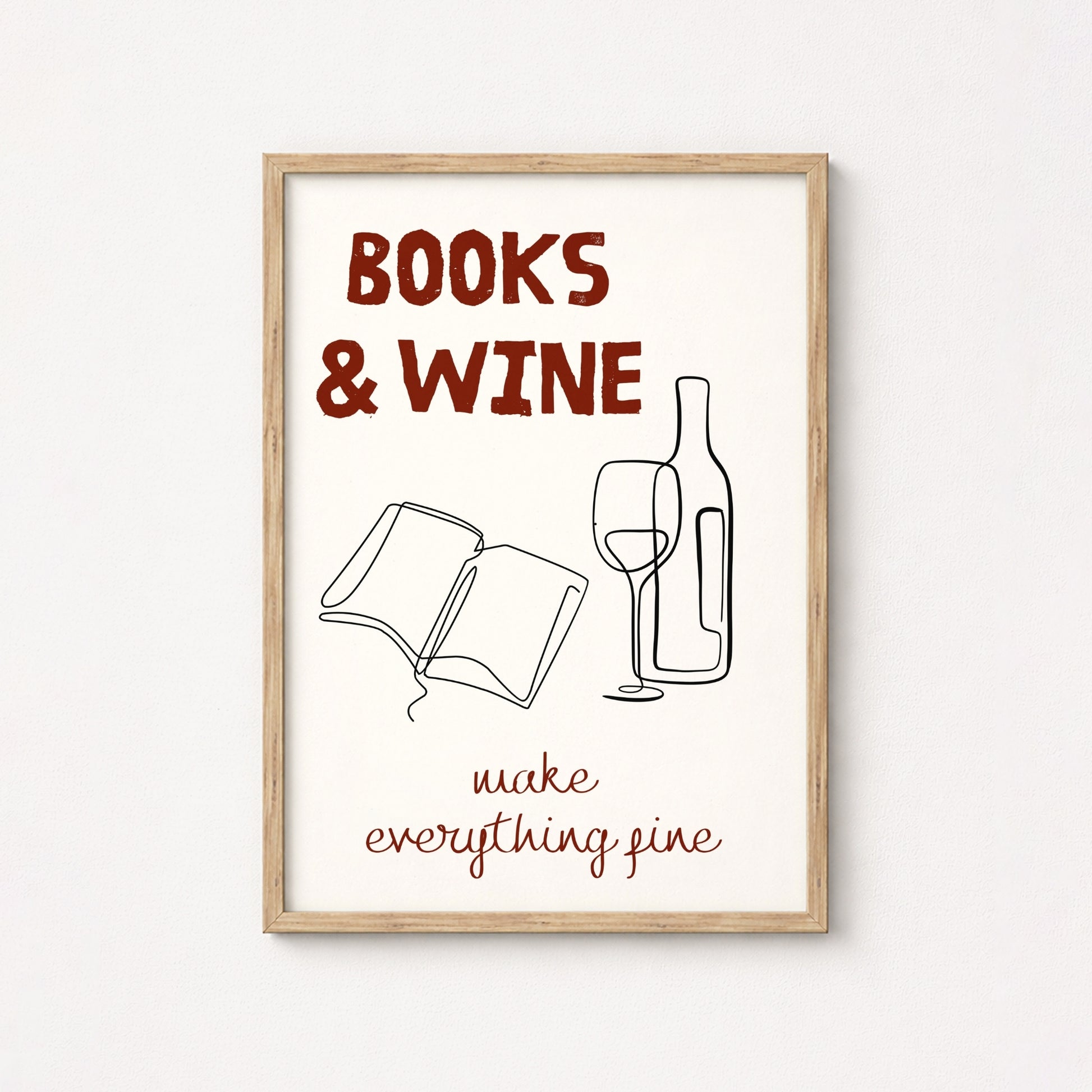 Books & Wine Print – Minimal Line Art Wall Decor for Book Lovers and Wine Enthusiasts