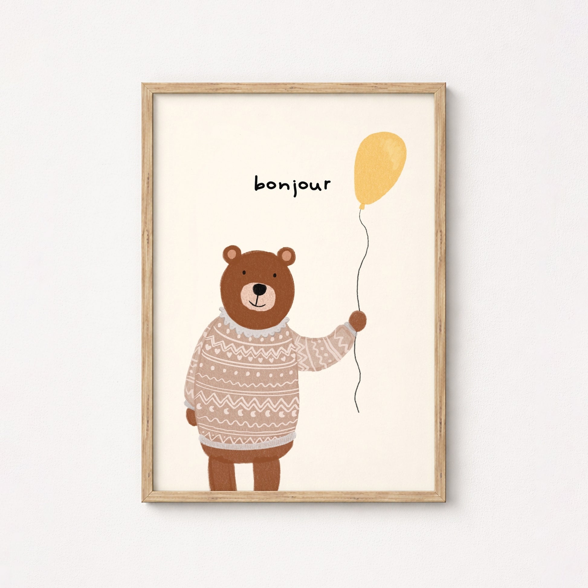 Bonjour Bear Wall Art – Graziosa stampa per la cameretta dei bambini con maglione e palloncino