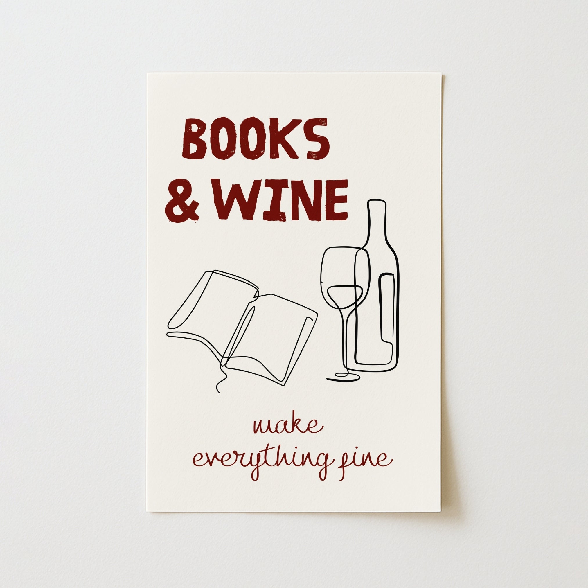 Books & Wine Print – Minimal Line Art Wall Decor for Book Lovers and Wine Enthusiasts