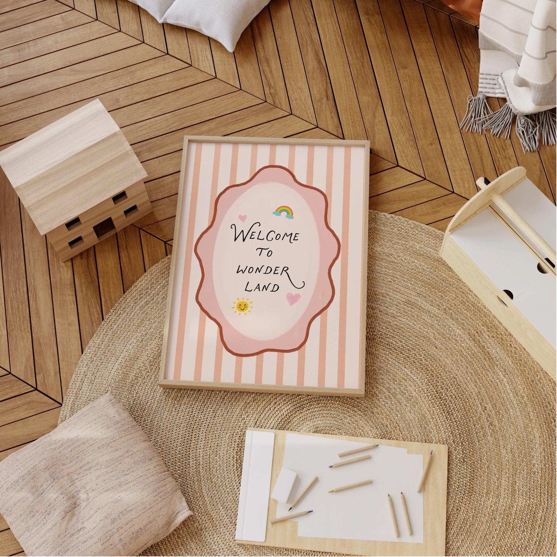 Stampa da parete per cameretta con frase “Welcome To Wonderland”