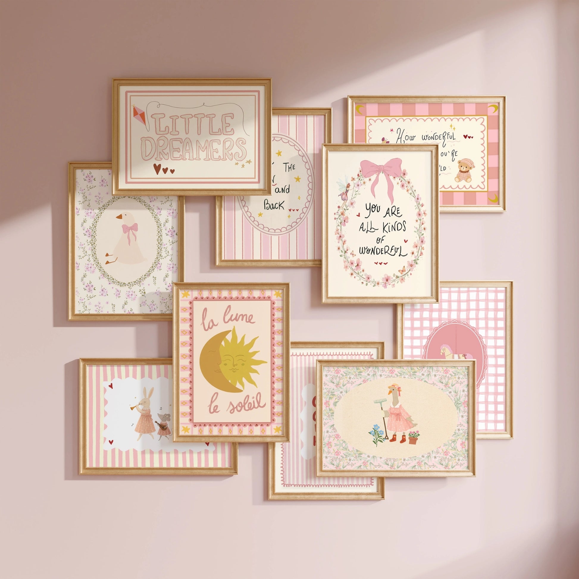 Ensemble de 16 affiches roses vintage faites à la main pour chambre d'enfant