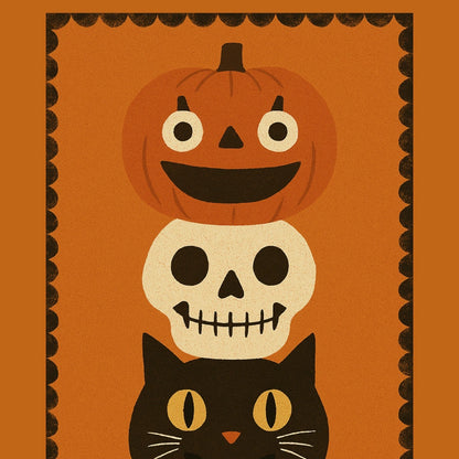 Stacked Halloween Trio Print – Pumpkin, Skull and Black Cat Wall Art