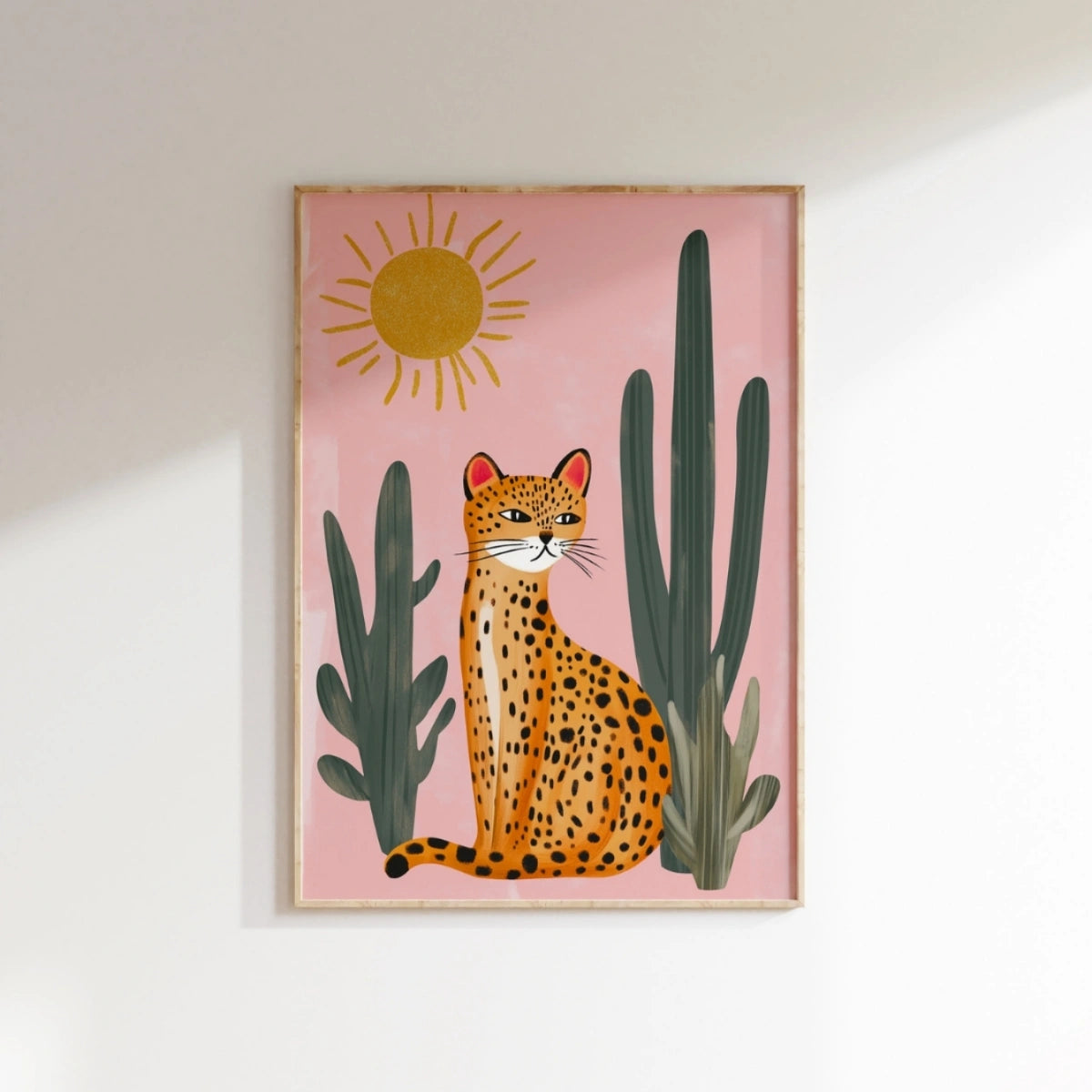 Affiche murale Cactus Jungle Leopard - Poster animalier été rose, Décoration murale côtière