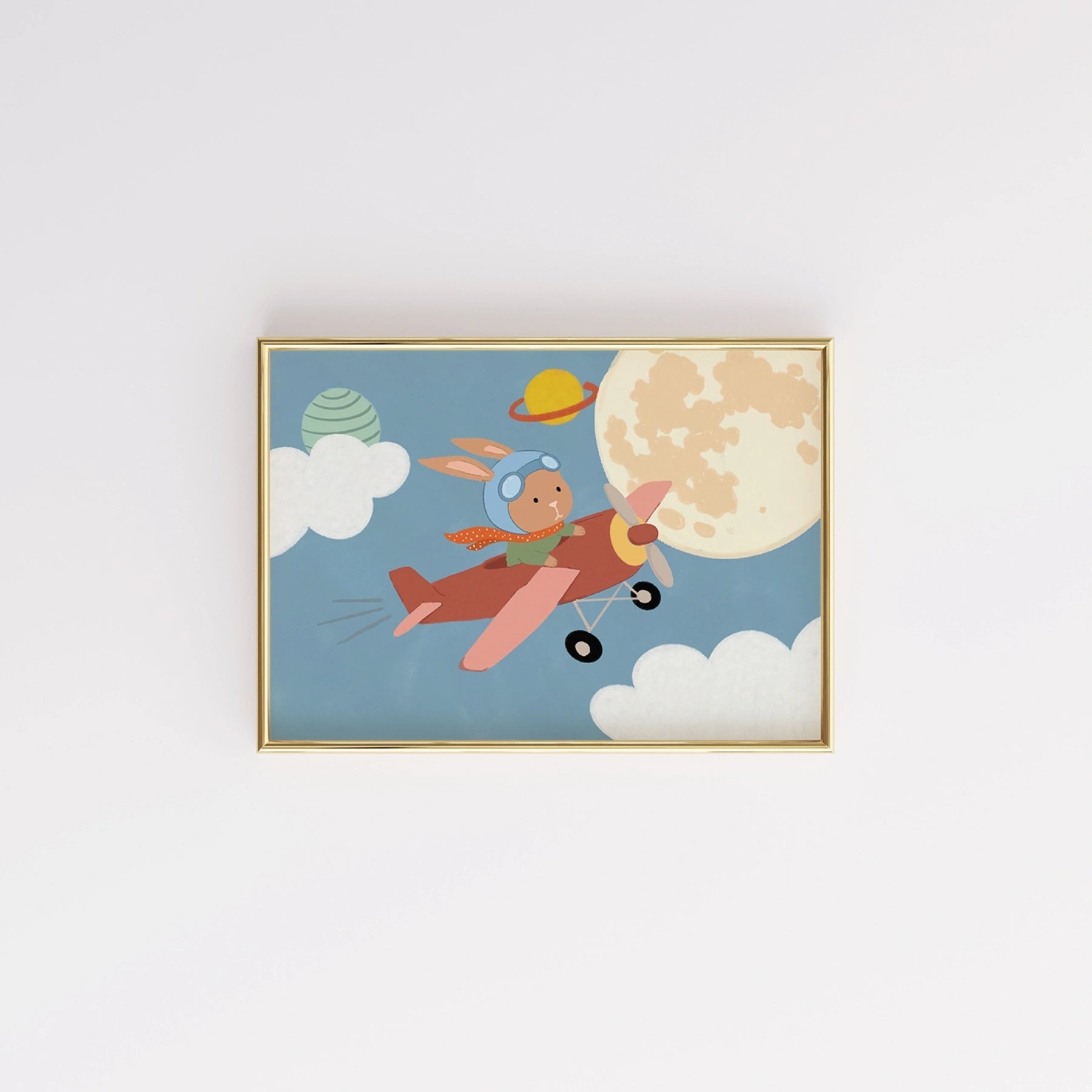 Arte da parete per bambini con coniglietto su aeroplano nello spazio