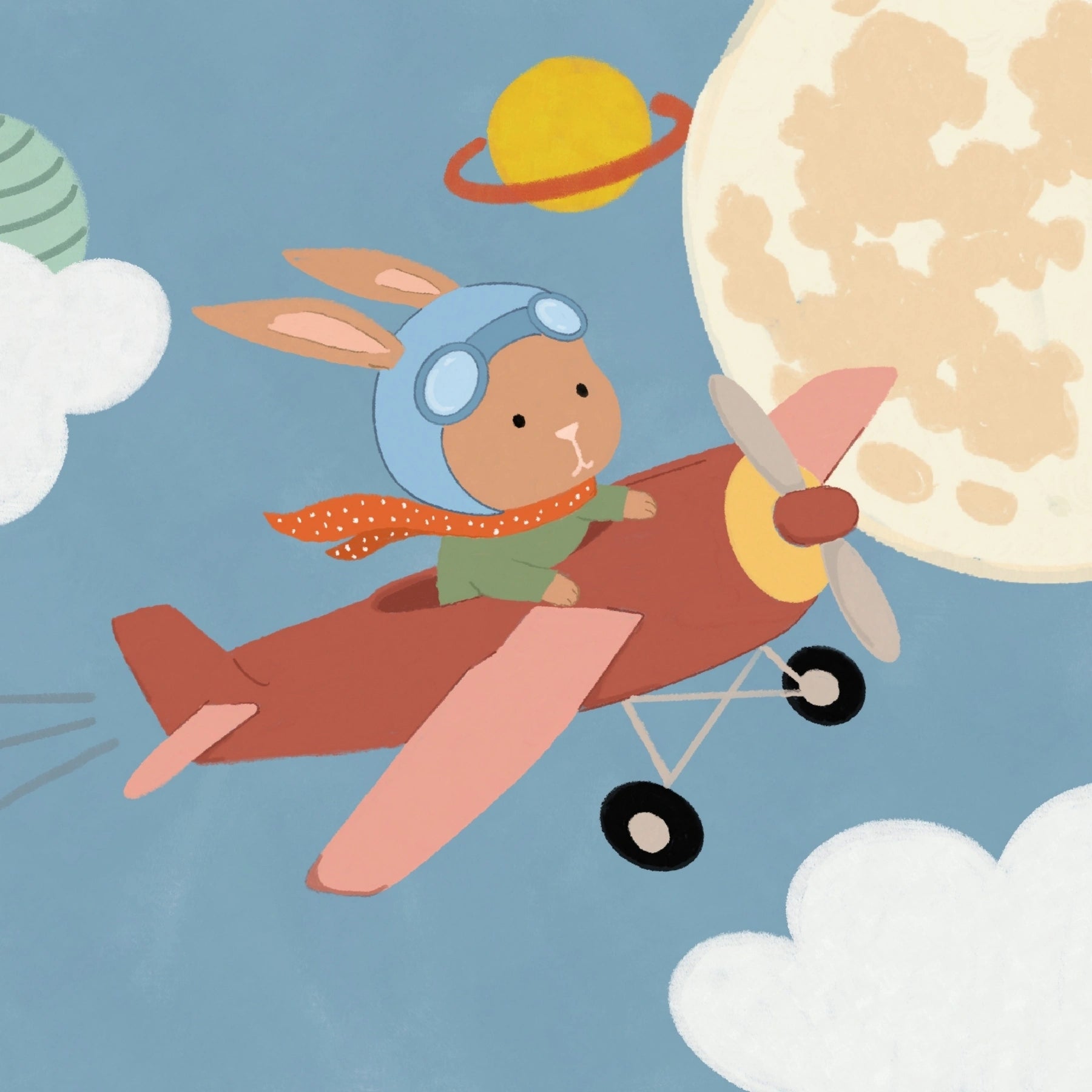 Arte da parete per bambini con coniglietto su aeroplano nello spazio