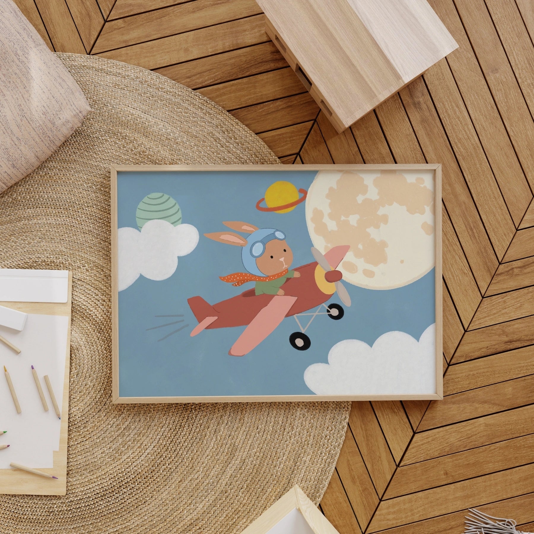 Arte da parete per bambini con coniglietto su aeroplano nello spazio