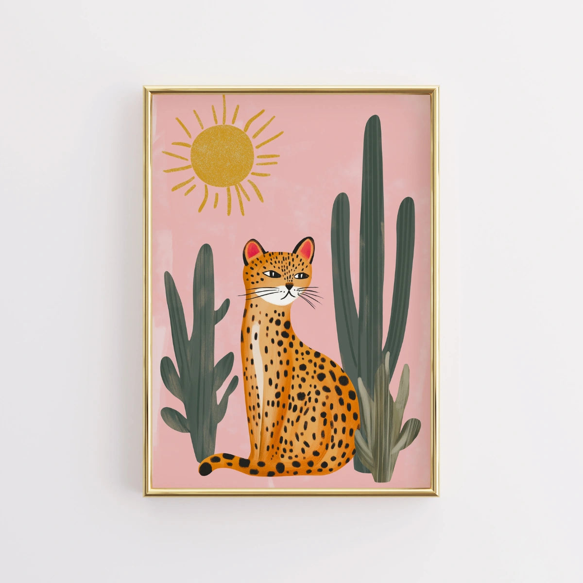 Cactus Jungle Leopard Wall Art Print - Pink Summer Animal Poster