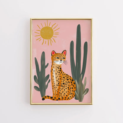 Cactus Jungle Leopard Wall Art Print - Pink Summer Animal Poster