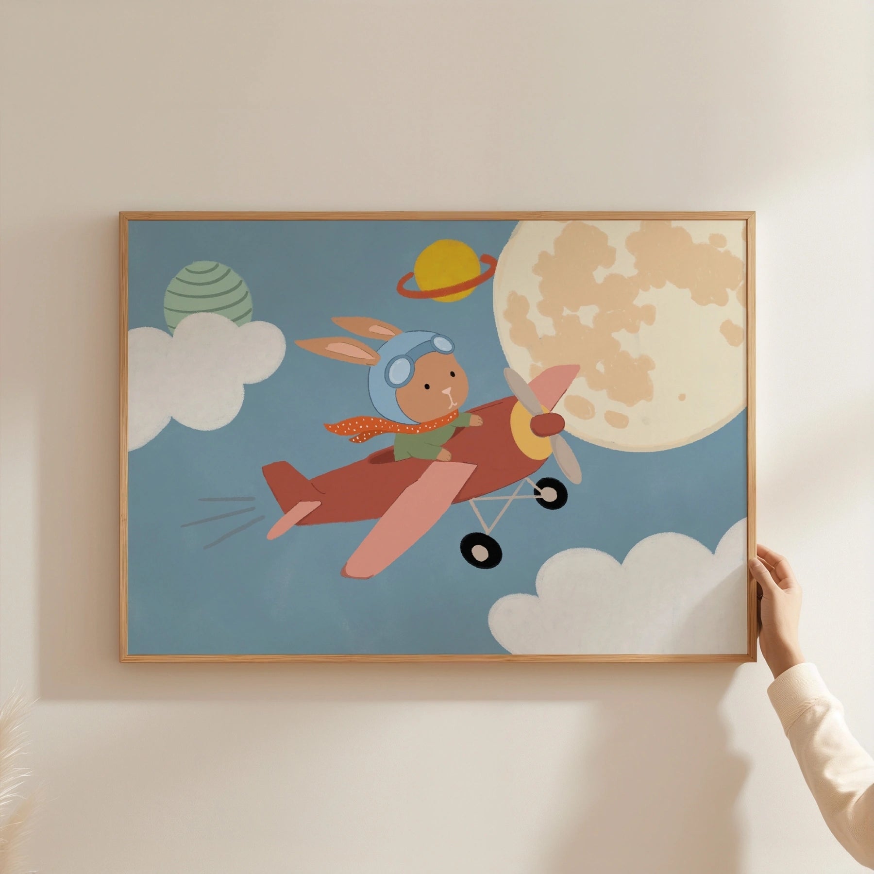Arte da parete per bambini con coniglietto su aeroplano nello spazio
