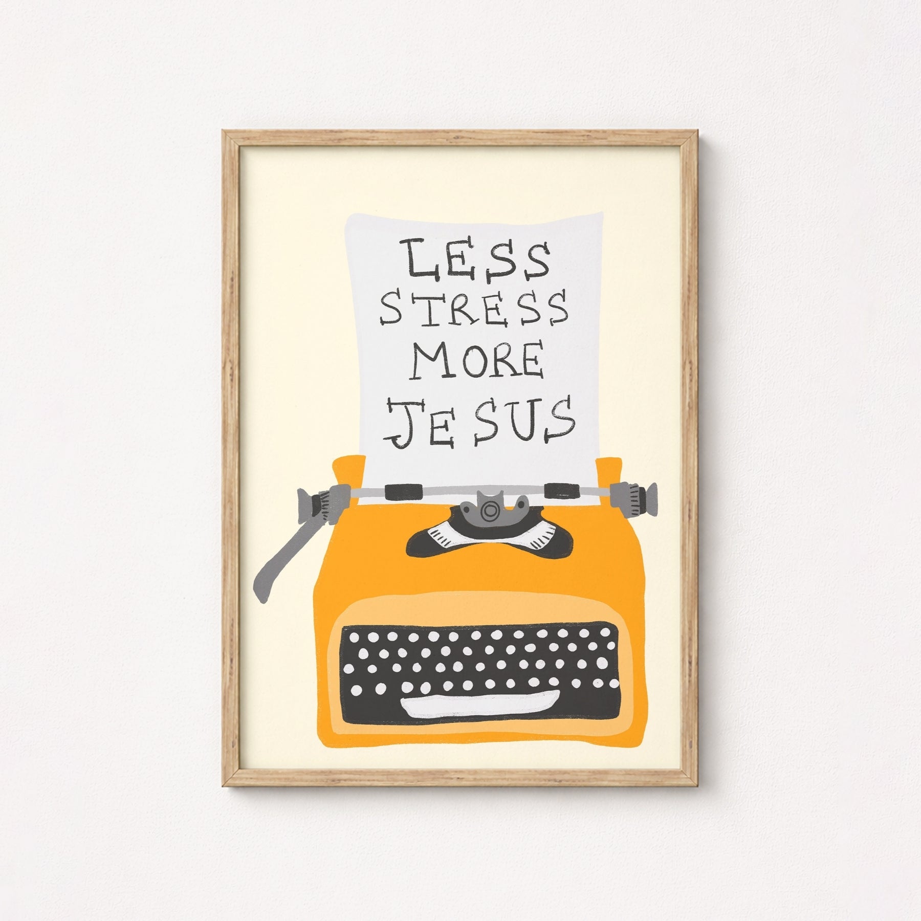 Less Stress More Jesus Print – Christian Wall Art with Retro Typewriter