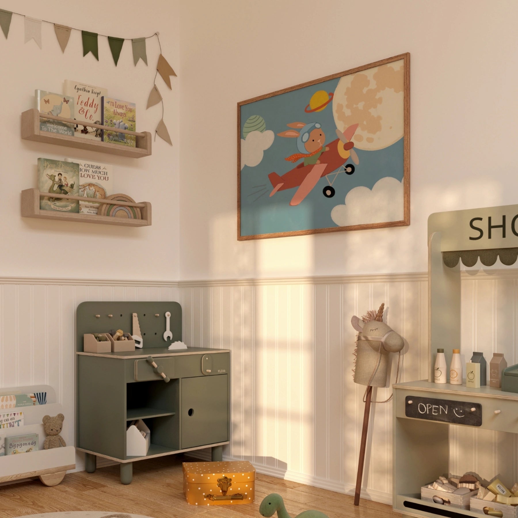 Arte da parete per bambini con coniglietto su aeroplano nello spazio