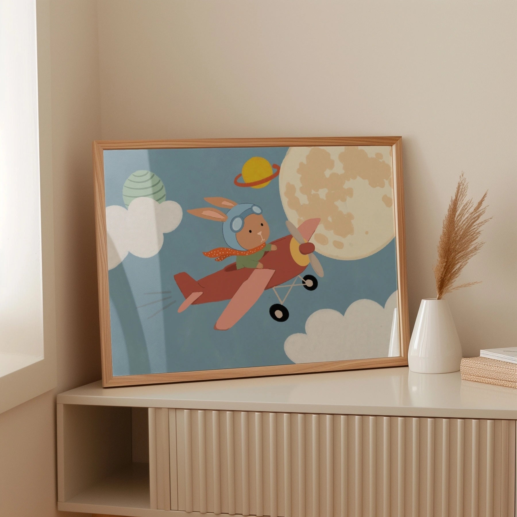Arte da parete per bambini con coniglietto su aeroplano nello spazio
