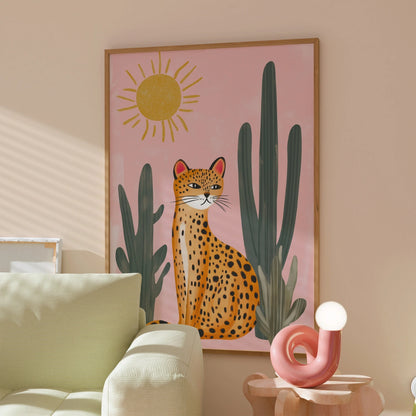 Cactus Jungle Leopard Wall Art Print - Pink Summer Animal Poster