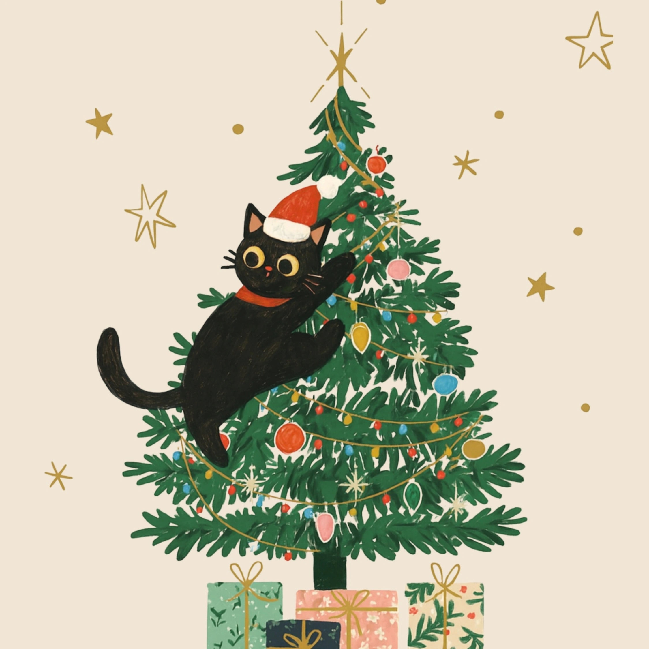 Black Cat Christmas Tree Wall Art