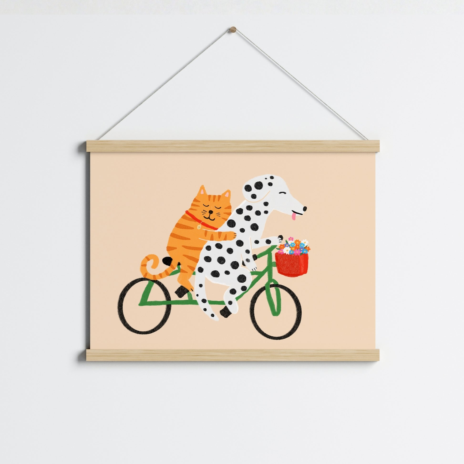 Impression Chat et Chien à Vélo – Décoration Murale Mignonne Animaux pour Enfants, Chambre de Garçons