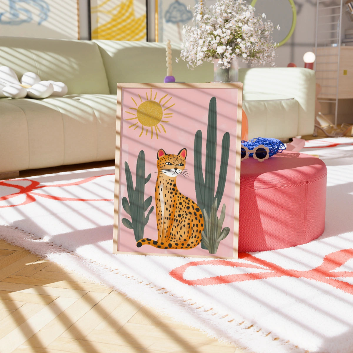 Cactus Jungle Leopard Wall Art Print - Pink Summer Animal Poster