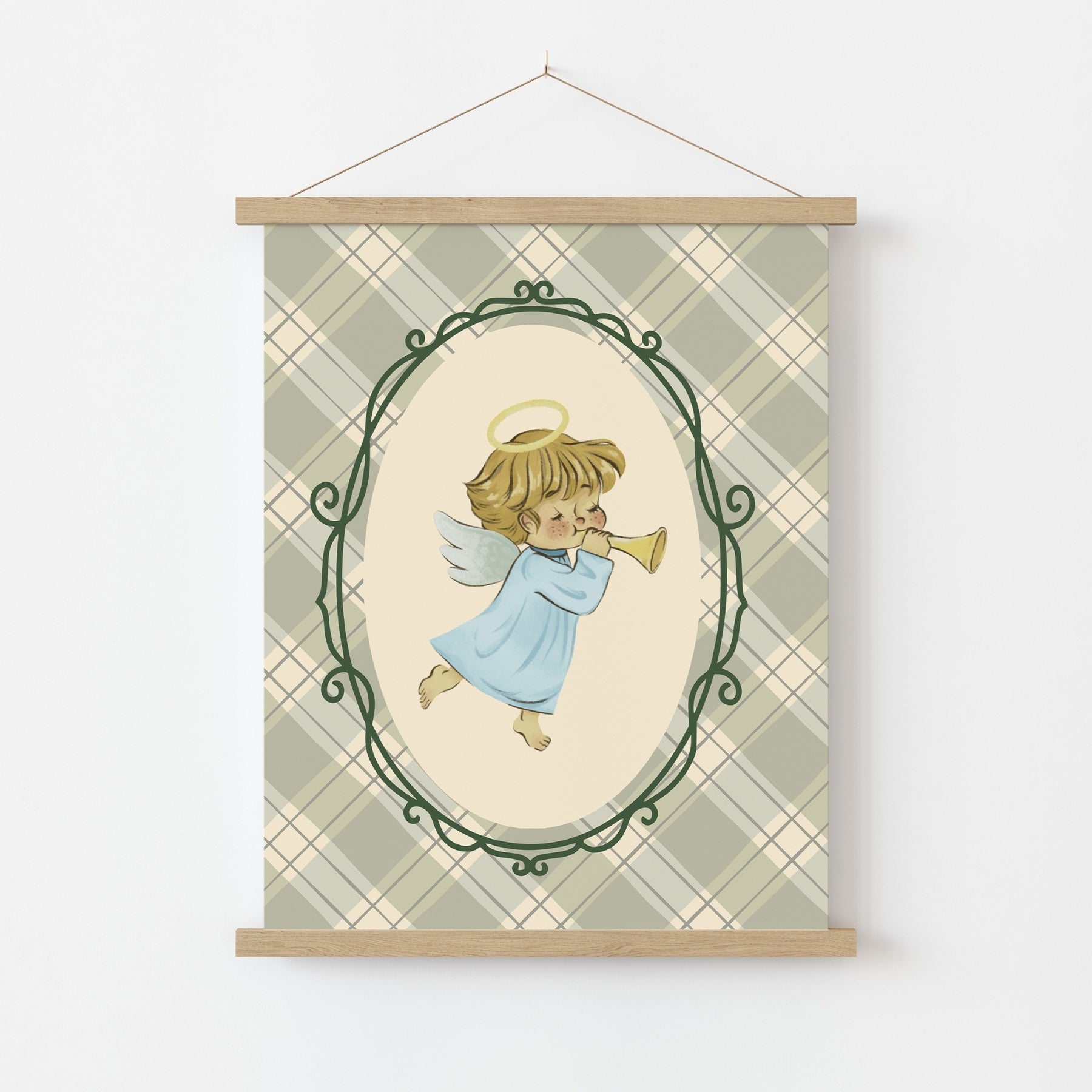 Plaid Angel Wall Art - Cute Baby Angel Nursery Print, Vintage Nursery Decor