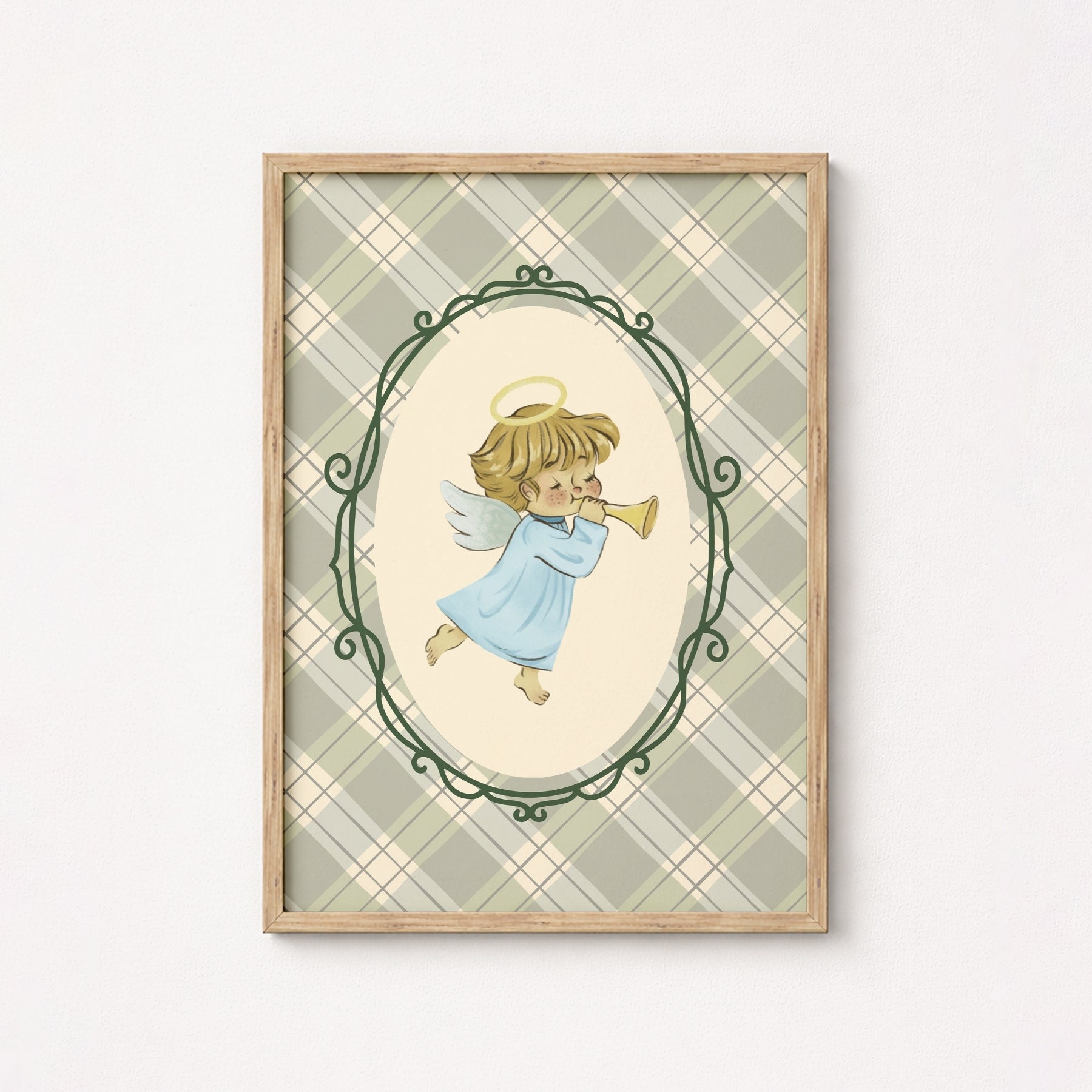 Plaid Angel Wall Art - Cute Baby Angel Nursery Print, Vintage Nursery Decor
