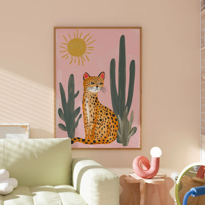 Cactus Jungle Leopard Wall Art Print - Pink Summer Animal Poster