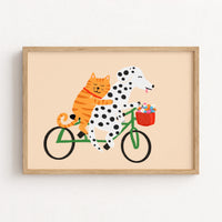 Impression Chat et Chien à Vélo – Décoration Murale Mignonne Animaux pour Enfants, Chambre de Garçons