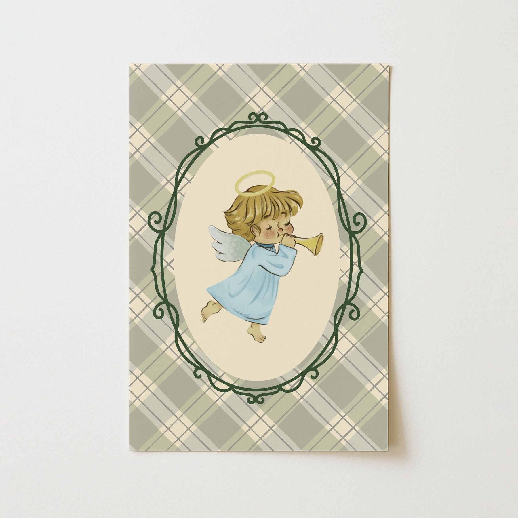 Plaid Angel Wall Art - Cute Baby Angel Nursery Print, Vintage Nursery Decor