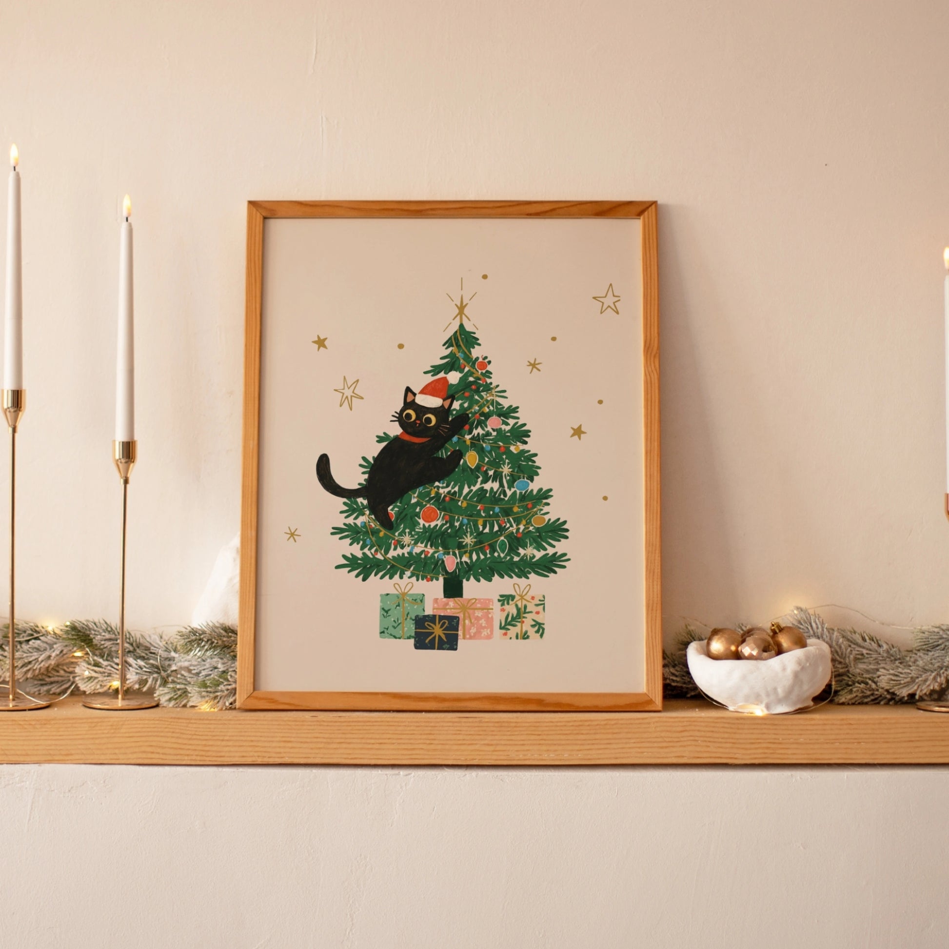 Black Cat Christmas Tree Wall Art