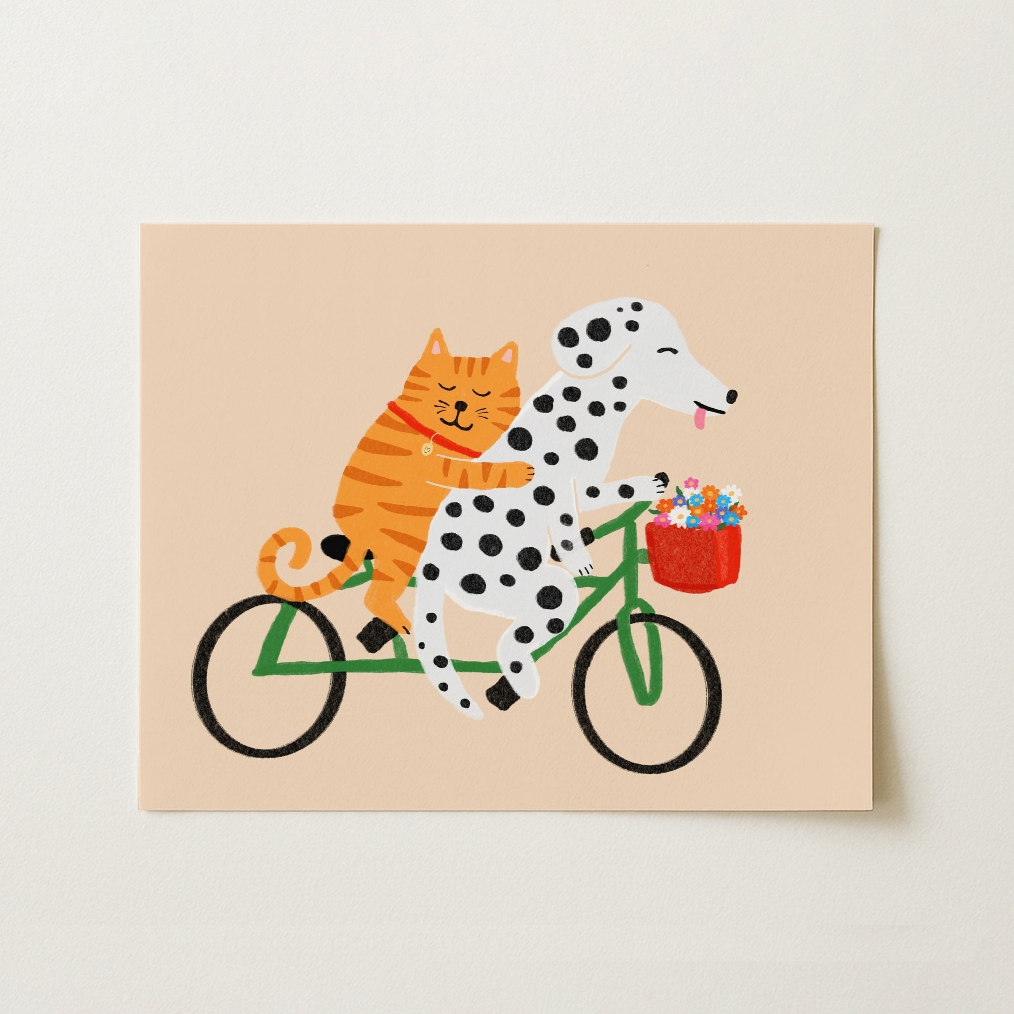 Impression Chat et Chien à Vélo – Décoration Murale Mignonne Animaux pour Enfants, Chambre de Garçons