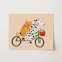 Impression Chat et Chien à Vélo – Décoration Murale Mignonne Animaux pour Enfants, Chambre de Garçons