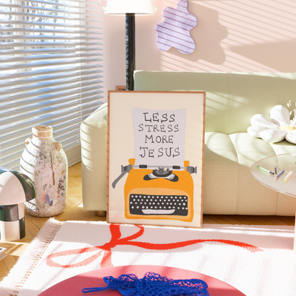 Less Stress More Jesus Print – Christian Wall Art with Retro Typewriter