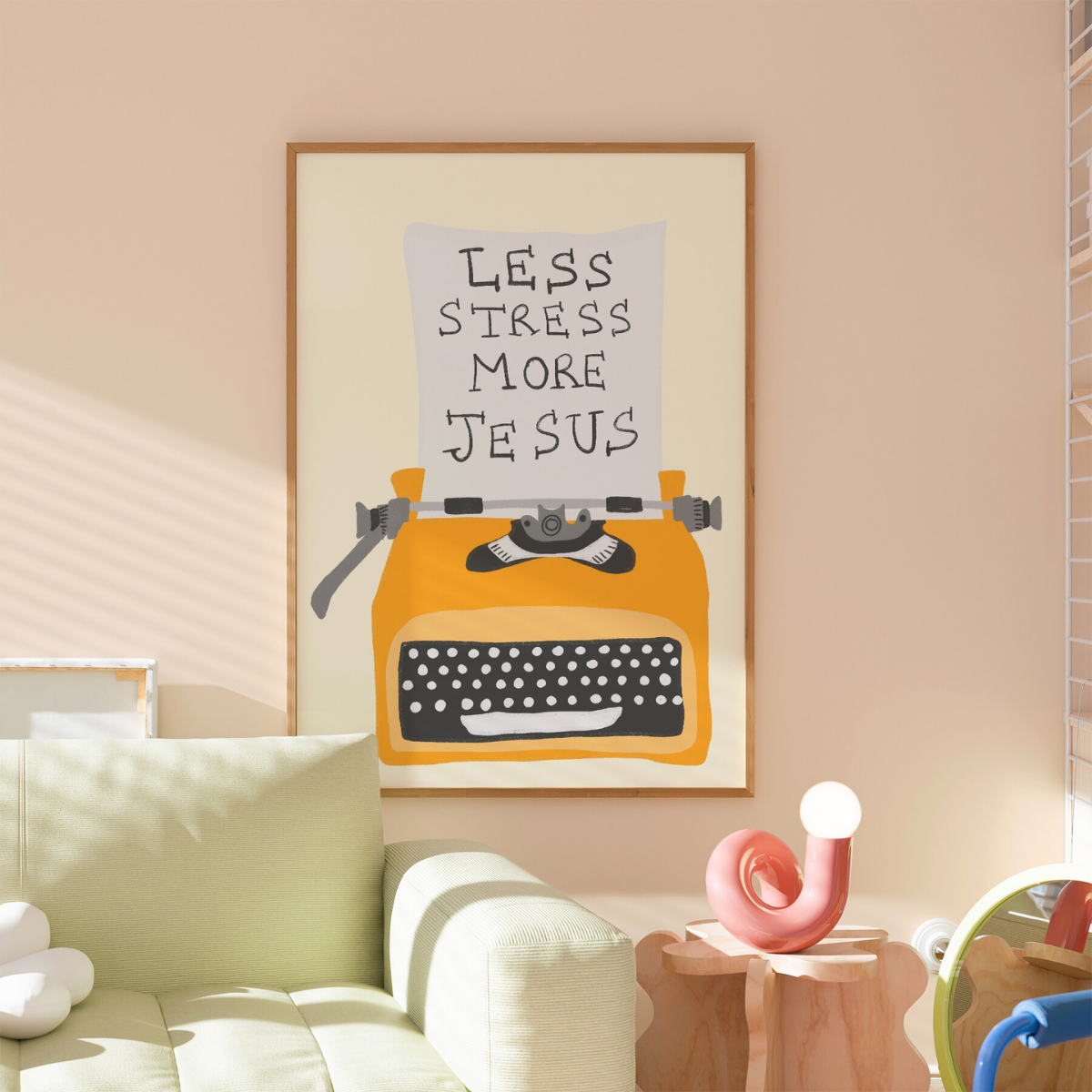 Less Stress More Jesus Print – Christian Wall Art with Retro Typewriter