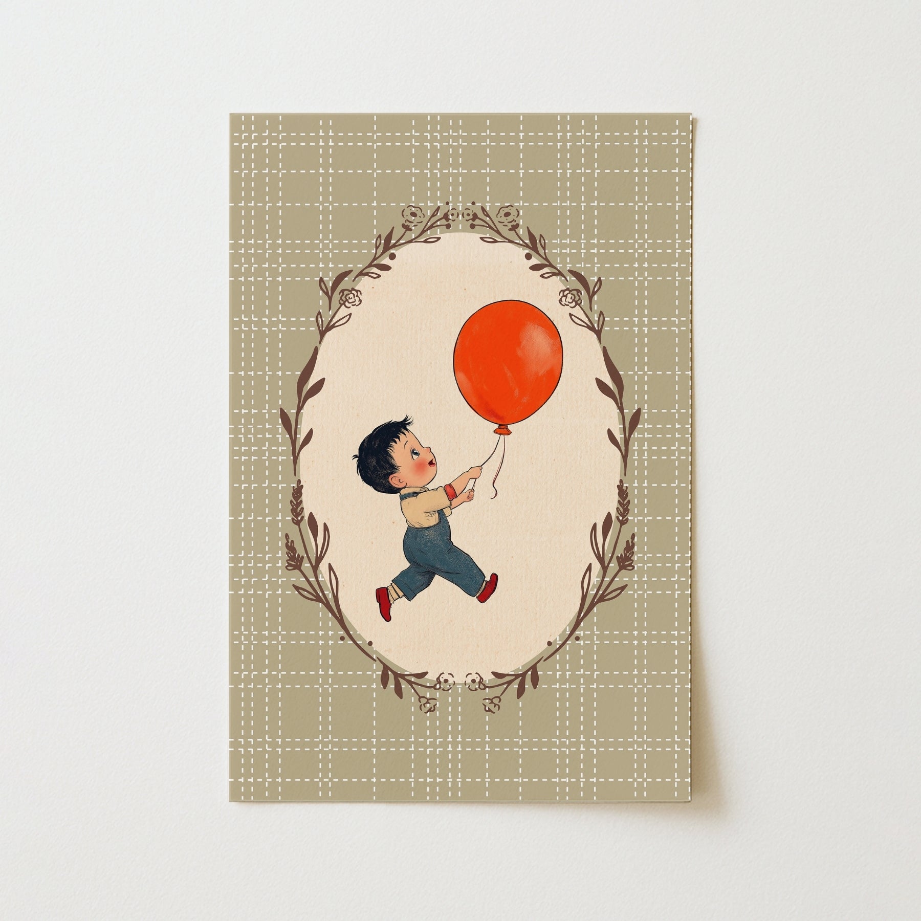 Vintage Boy Balloon Wall Art - Red Balloon Kids Print, Vintage Nursery Decor