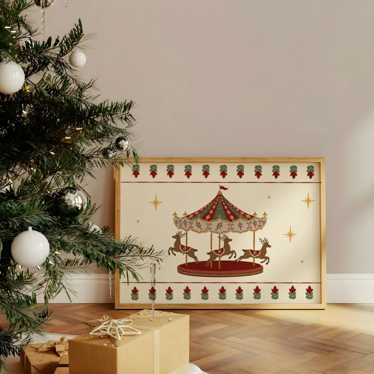 Vintage Christmas Reindeer Carousel – Póster de Navidad